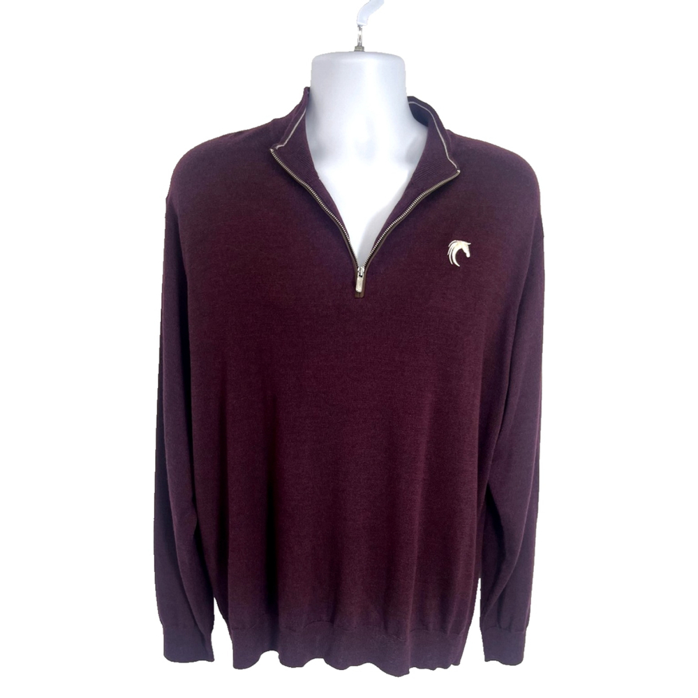 Peter Millar Sweater Mens XL Burgundy Quarter Zip Merino Wool Blend Horse Logo‎